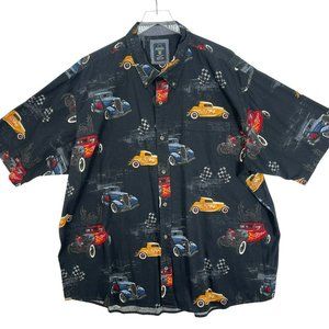 Red Head Mens 3XL Button Down Short Sleeve Shirt Classic Hot Rod Cars Flags.
